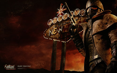 Fallout-tapet, Fallout: New Vegas, videospel, pistol, apokalyptisk, hjälm, digital konst, HD tapet HD wallpaper
