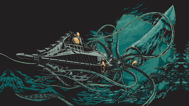 20000 Ligas bajo el mar, fondo negro, pulpo, submarino, mar, arte digital, submarino, monstruos marinos, dibujo, ilustración, Julio Verne, Fondo de pantalla HD