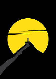 رجل على الجبل خلفية رقمية ، اكتمال القمر ، صورة ظلية ، فن ، ناقلات، خلفية HD HD wallpaper