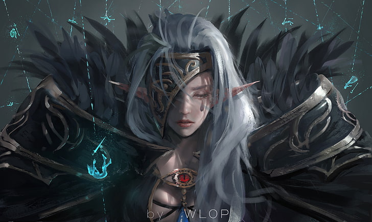 white-haired female character digital wallpaper, digital art, artwork, women, elven, pointed ears, sadness, crying, necklace, cleavage, mask, closed eyes, WLOP, white hair, long hair, fantasy girl, fantasy art, HD wallpaper