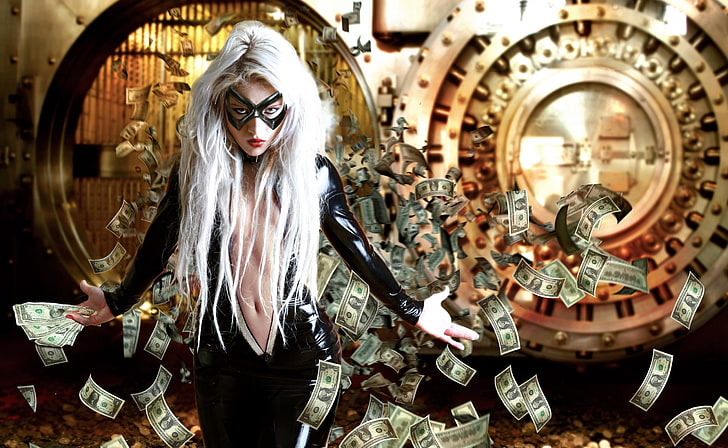 Catwoman, niña, dinero, máscara, el banco, robo, Fondo de pantalla HD