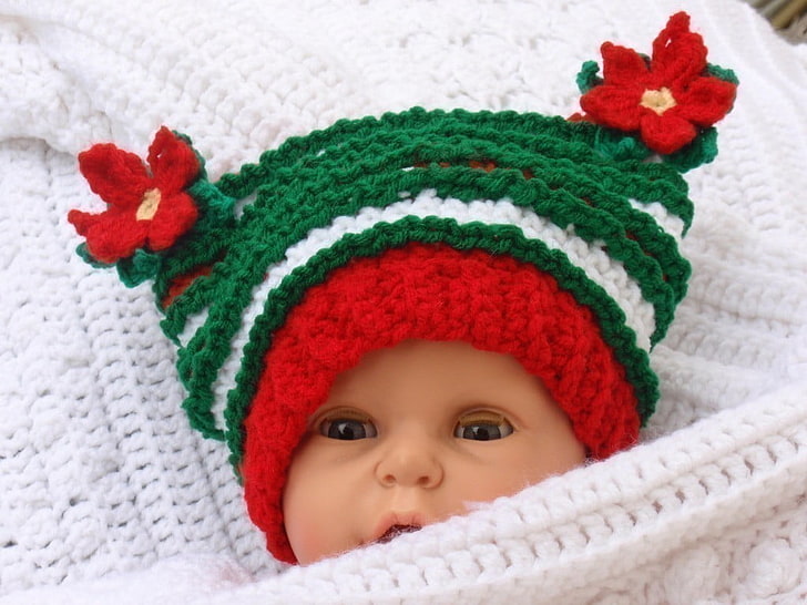 Baby Christmas Poinsetta Hat, baby's green and red knit cap, Baby, , christmas, cute, lovely, hat, HD wallpaper