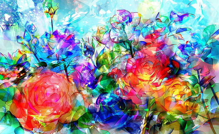multicolored variety of flowers painting, light, transparent, roses, bouquet, sparks, HD wallpaper