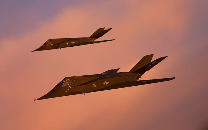 pesawat, F 117 Nighthawk, Pesawat Militer, Stealth, Bomber Strategis, matahari terbenam, Angkatan Udara AS, Wallpaper HD