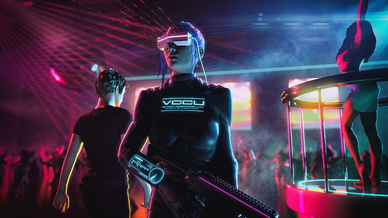 cyberpunk, futuristisk, vapen, kvinnor, HD tapet HD wallpaper