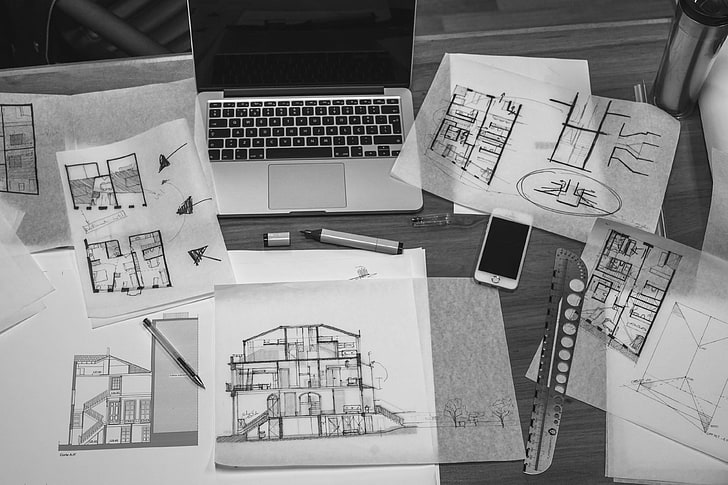 architectural design, architecture, art, black and white, blueprint, business, drawings, house, macbook, papers, room, sketch, work, HD wallpaper