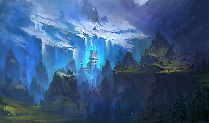 fantasy world digital wallpaper, cold, glaciers, fortress, forest, digital art, artwork, HD wallpaper