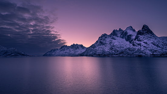 紫の空、空、自然、ノルウェー、地平線、山、紫の風景、ロフォーテン諸島、群島、フィヨルド、夕暮れ、穏やかな、 HDデスクトップの壁紙 HD wallpaper