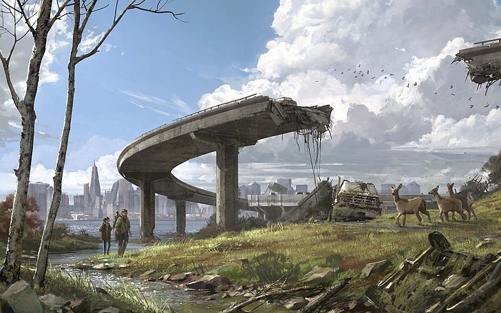 два человека, стоящие рядом с бетонным мостом обои, произведения искусства, апокалипсис, город, Последний из нас, руины, олени, запустение, видеоигры, HD обои