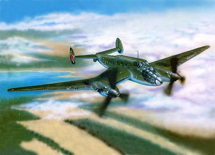 o céu, guerra, figura, voar, bombardeiro, o avião, soviético, bimotor, EP-2, longe, HD papel de parede HD wallpaper
