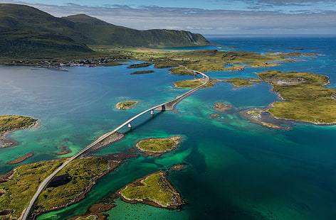 aerial photography of bridge, nature, landscape, island, sea, bridge, Norway, village, mountains, summer, water, green, HD wallpaper HD wallpaper