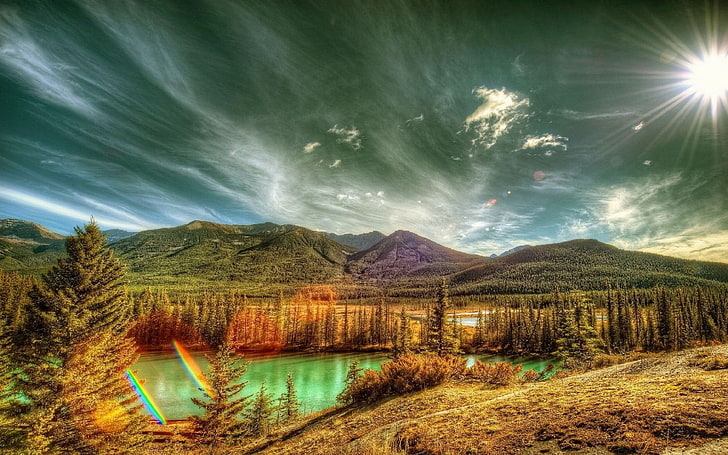 landscape, nature, Canada, mountains, forest, clouds, river, sun rays, trees, HDR, HD wallpaper