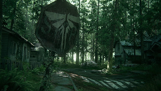 brązowo-czarny drewniany dwukondygnacyjny dom, The Last of Us, Part II, Ellie, Joel, apokaliptyczny, gry wideo, las, Tapety HD HD wallpaper