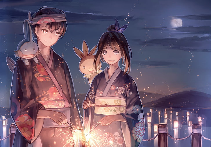 nuit, Pokémon, feu d'artifice, kimono, Fond d'écran HD