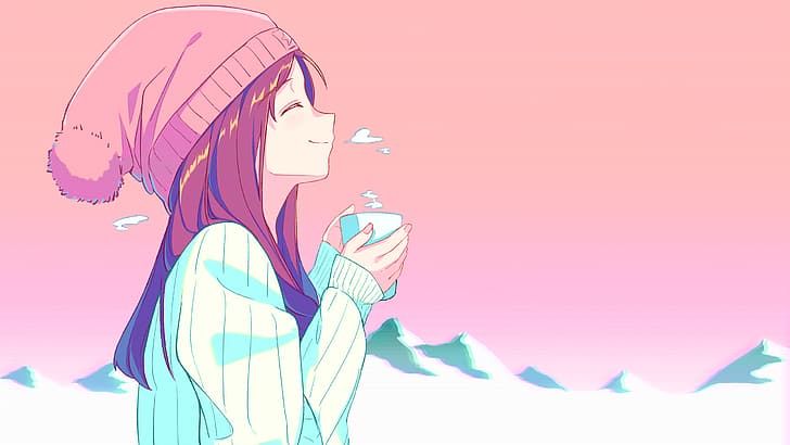 tea, anime girls, pink background, drinking, HD wallpaper