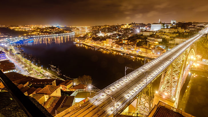 เส้นขอบฟ้า, ส่องสว่าง, ยุโรป, Porto, โปรตุเกส, ไฟ, แหล่งดึงดูดนักท่องเที่ยว, ตอนเย็น, แม่น้ำ, แสงไฟของเมือง, cityscape, Douro, สะพาน Dom Luis i, แม่น้ำ Douro, สะพาน, เขตเมือง, สถานที่สำคัญ, เมือง, การสะท้อน, กลางคืน, วอลล์เปเปอร์ HD