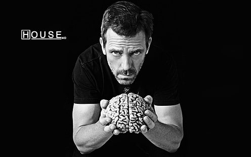 Ilustración de camisa negra con cuello redondo para hombres, House, M.D., cerebro, Hugh Laurie, actor, hombres, Fondo de pantalla HD HD wallpaper
