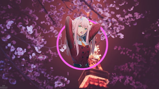 Zero Two (Darling in the FranXX), Darling in the FranXX, floue, anime, Tokyo, tower, cherry blossom, picture-in-picture, Fond d'écran HD HD wallpaper
