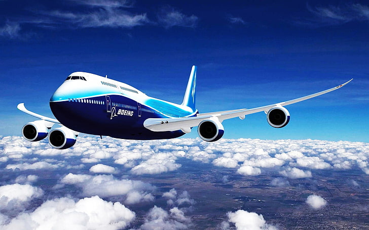 Boeing 747 -8, blue and white airplane, Aircrafts / Planes, HD wallpaper