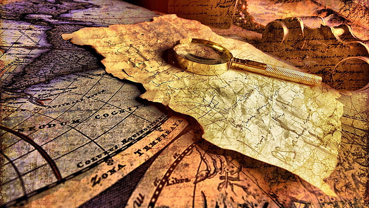 gold-colored magnifying glass, creativity, map, magnifying glasses, paper, HD wallpaper