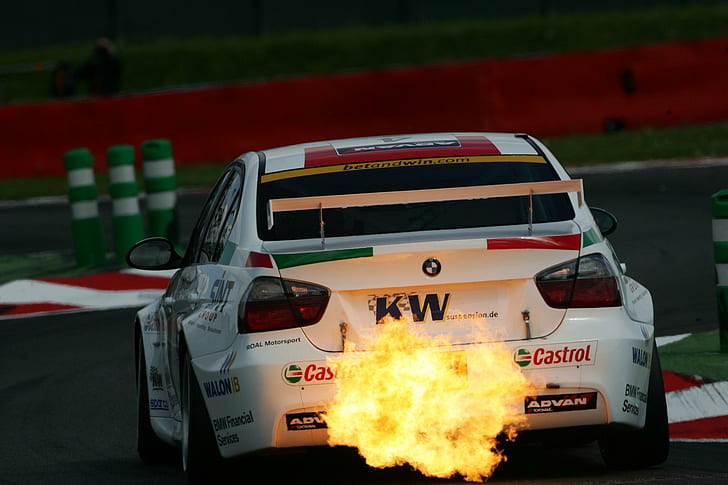 Flamme, weißer BMW-Rennwagen, wtcc, Flamme, Auspuff, Autos, HD-Hintergrundbild