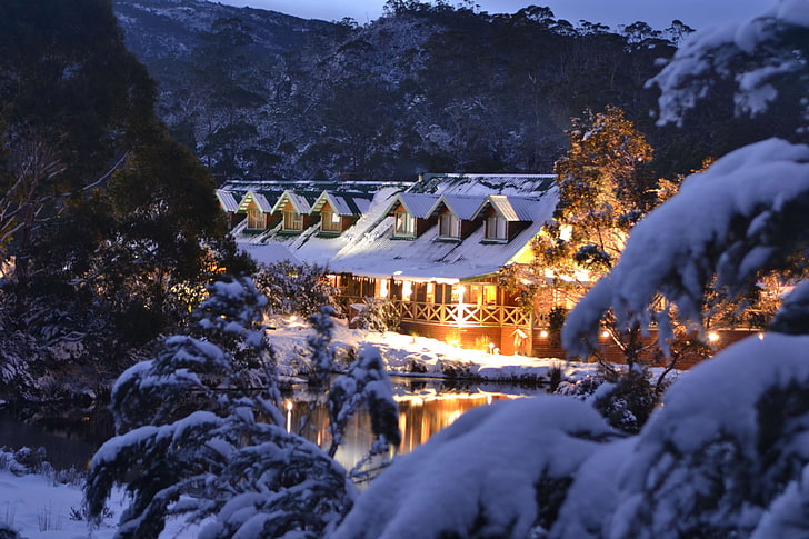 australia, cradle mountain lodge, lodge, snow, tasmania, winter, HD wallpaper