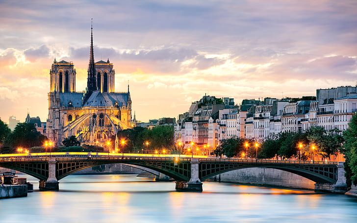 Paris, Prancis, Notre Dame de Paris, penerangan, jembatan, sungai Seine, rumah, notre dame de paris, Paris, Prancis, Notre, Dame, Pencahayaan, Jembatan, Seine, Sungai, Rumah, Wallpaper HD