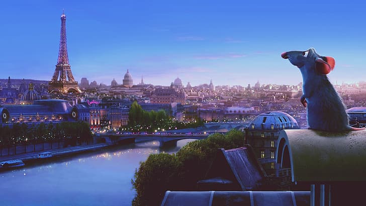 Ratatouille, topi, Parigi, luci della città, tramonto, città, Sfondo HD
