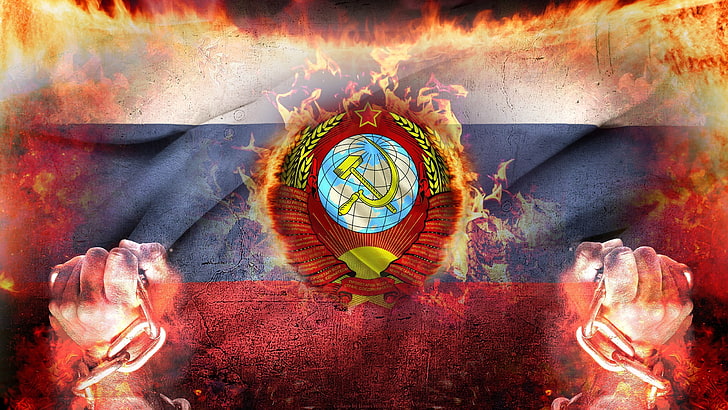 merah, biru, dan bendera bergaris putih, Chain, Flag, USSR, Russia, Fist, Wallpaper HD