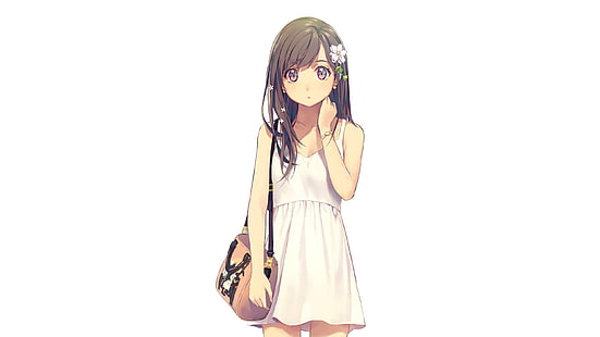 kvinnlig anime karaktär illustration, anime flickor, brunett, långt hår, klänning, vit klänning, vit bakgrund, yohan12, HD tapet HD wallpaper