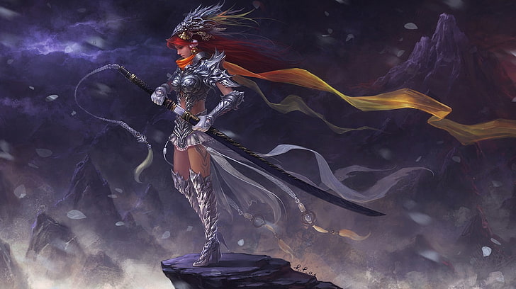 woman with silver armor holding sword wallpaper, girl, mountains, rock, sword, fantasy, art, HD wallpaper