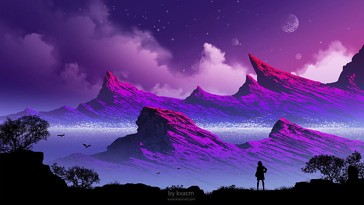 lukisan puncak, ilustrasi, Kvacm, seni fantasi, pegunungan, latar belakang ungu, Wallpaper HD