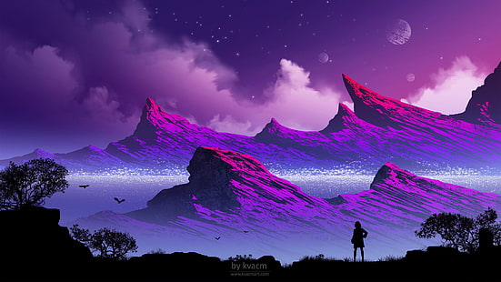 summit painting, illustration, Kvacm, fantasy art, mountains, purple background, HD wallpaper HD wallpaper