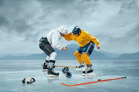 paysage, flocons de neige, fond, sport, le jeu, la glace, la situation, la lutte, gants, hockey, rondelle, poings, uniforme, patins, chapeaux, démontage, joueurs de hockey, bâton, Fond d'écran HD HD wallpaper