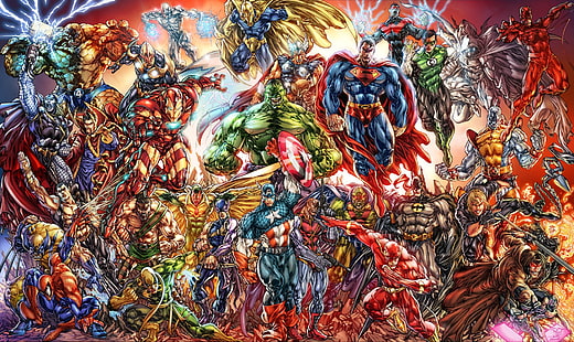 スーパーヒーローの絵画、コミック、コラージュ、バットマン、ベン・グリム、ベータ・レイ・ビル、キャプテン・アメリカ、コロッサス、DCコミック、デアデビル、デスロック、ドクター・フェイト、ドクター・ストレンジ、フラッシュ、ギャンビット、グリーン・ランタン、ホークアイ、ヘラクレス（マーベル・コミック）、ハルク、アイアンフィスト、アイアンマン、マーシャンマンハンター、マーベルコミック、ムーンナイト、ナマリザサブマリナー、ナイトウィング、シルバーサーファー、スパイダーマン、サブマリナー、スーパーマン、シング（マーベルコミック）、ソー、ビジョン（マーベルコミック）、ウルヴァリン、ワンダーマン、 HDデスクトップの壁紙 HD wallpaper