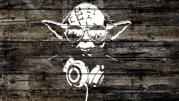 Mistrz Yoda w okularach przeciwsłonecznych i słuchawkach ilustracja, styl, drzewo, deska, słuchawki, sylwetka, okulary, gwiezdne wojny, joda, jod, Tapety HD
