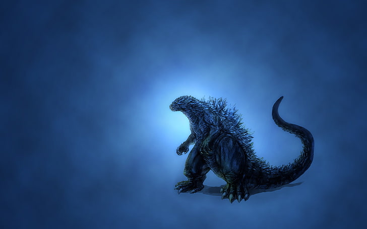 Godzilla fond d'écran, dinosaure, lueur, minimalisme, fond bleu, Godzilla, noirâtre, Fond d'écran HD