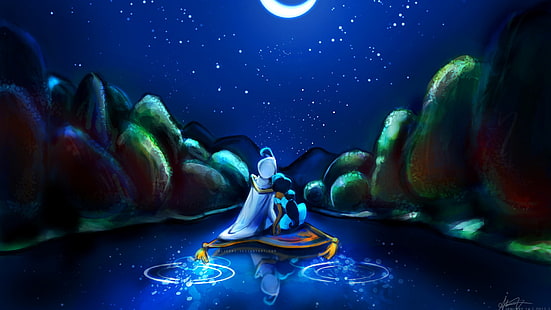 Aladdin Disney Magic Carpet Рисование Night Embrace Stars HD, мультфильм / комикс, рисунок, ночь, звезды, магия, Дисней, объятие, ковер, aladdin, HD обои HD wallpaper