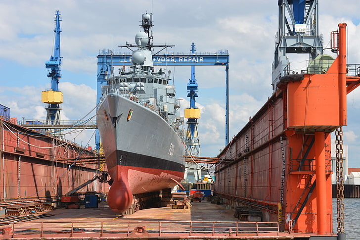 Blohm and Voss, Bundeswehr, кранове, фрегата, Хамбург, обновяване, ремонт, корабостроене, корабостроителница, технология, HD тапет