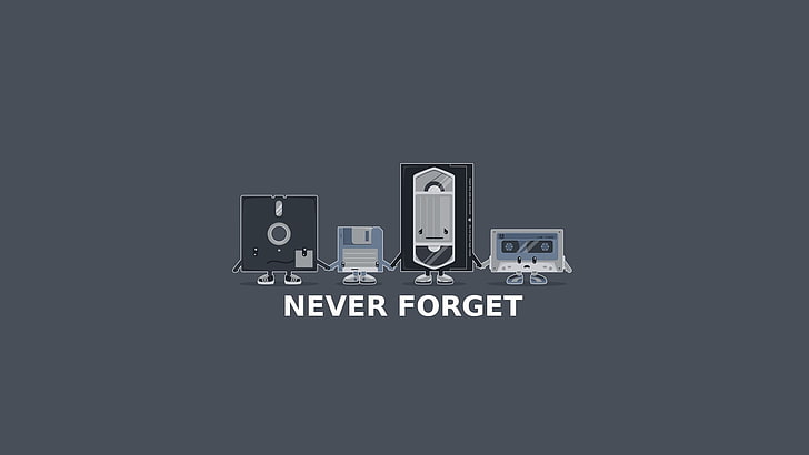 절대로 텍스트 오버레이를 잊지 말고, 절대로 텍스트를 잊어 버리지 마십시오., 빈티지, 회색, 미니멀리즘, VHS, 플로피 디스크, 테이프, 유머, 향수, 컴퓨터, 디지털 아트, 간단한 배경, HD 배경 화면