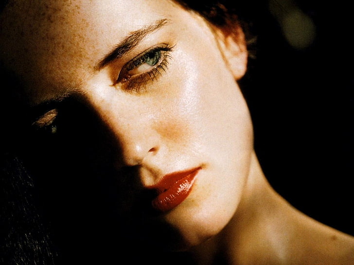 Eva Green, women, closeup, looking away, face, red lipstick, HD wallpaper