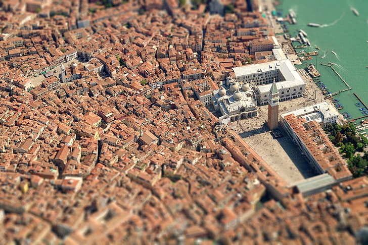berlabuh dengan diorama bangunan kota, diorama kuil putih, tilt shift, Venesia, Wallpaper HD
