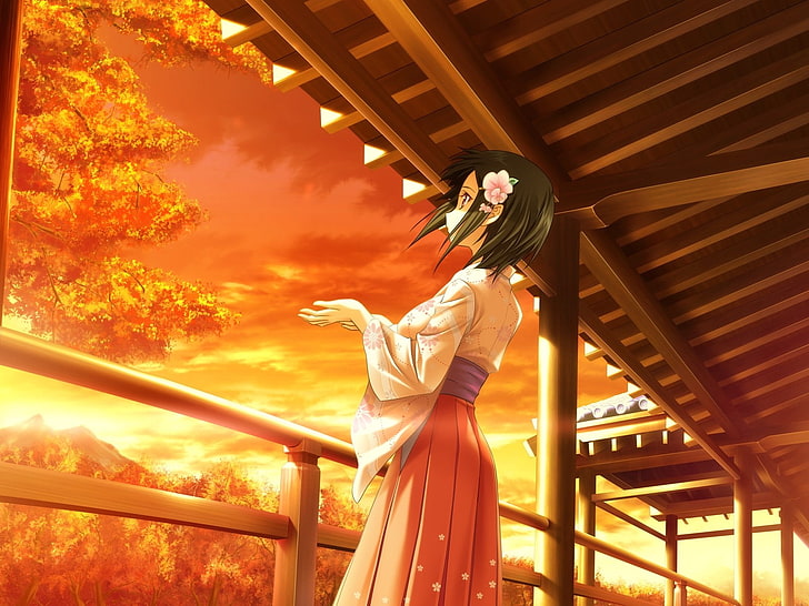 gadis anime, matahari terbenam, kimono, sendirian, Wallpaper HD