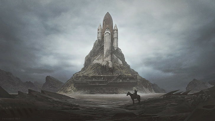 peluncuran bantalan pesawat ulang-alik gurun gurun dystopian apokaliptik, Wallpaper HD