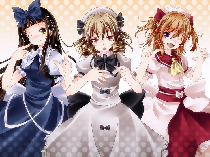 three female anime character wallpaper, s-syogo, luna child, star sapphire, sunny milk, girl, dress, joy, background, HD wallpaper