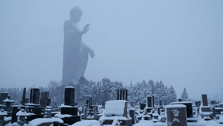 статуя на Буда надгробни камъни сняг, HD тапет