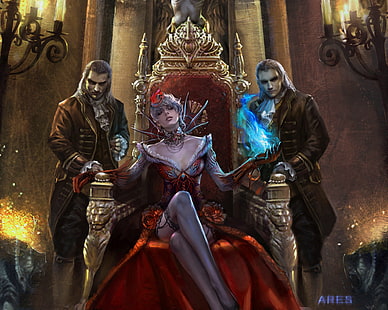 женщина в красном платье иллюстрации, украшения, замок, магия, колонны, вампиры, красное платье, королева, панаш, трон, стиль фэнтези, двое мужчин, подсвечники, HD обои HD wallpaper