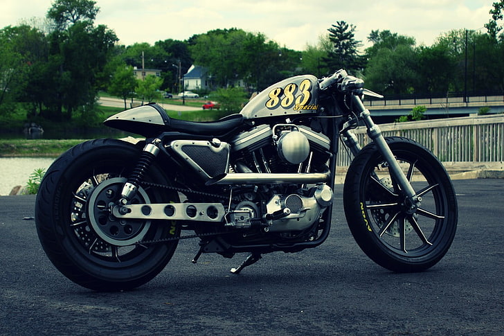motocicleta cruzador preto e branco, Cafe Racer, motocicleta, Harley-Davidson, HD papel de parede