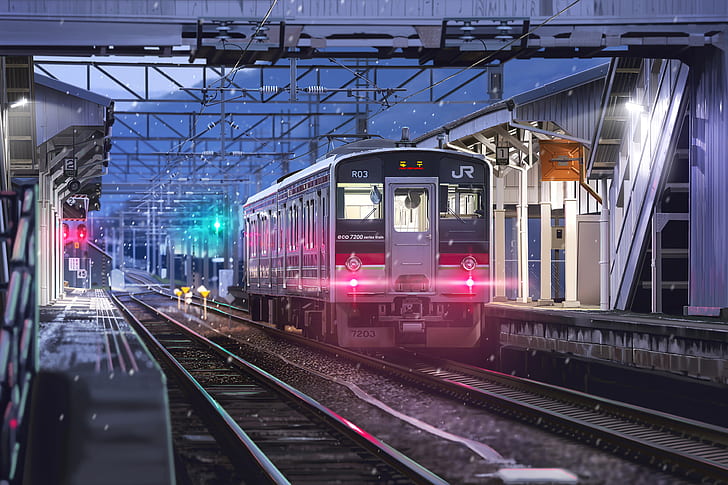 anime, tren, paisaje, estación de tren, Fondo de pantalla HD