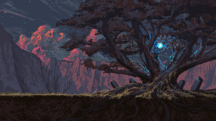 brun hög trädmålning, pixelkonst, träd, magi, Noah Bradley, rötter, HD tapet